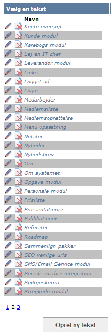 Liste med oprettede side tekster